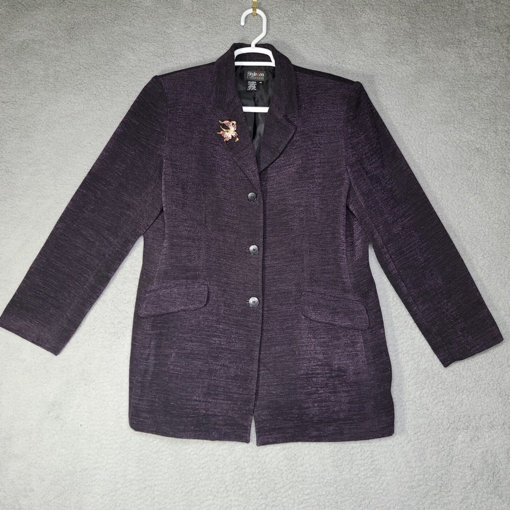 Style & Co Jacket Womens 14 Purple Button Up‎ Flower Brooch Long Sleeve